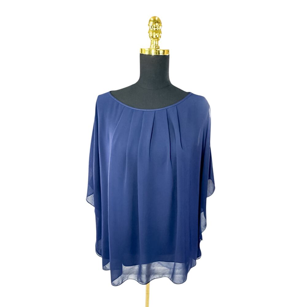 Max Studio Women's Navy Blue Sheer Overlay Blouse Flowy Layered Top Women’s L